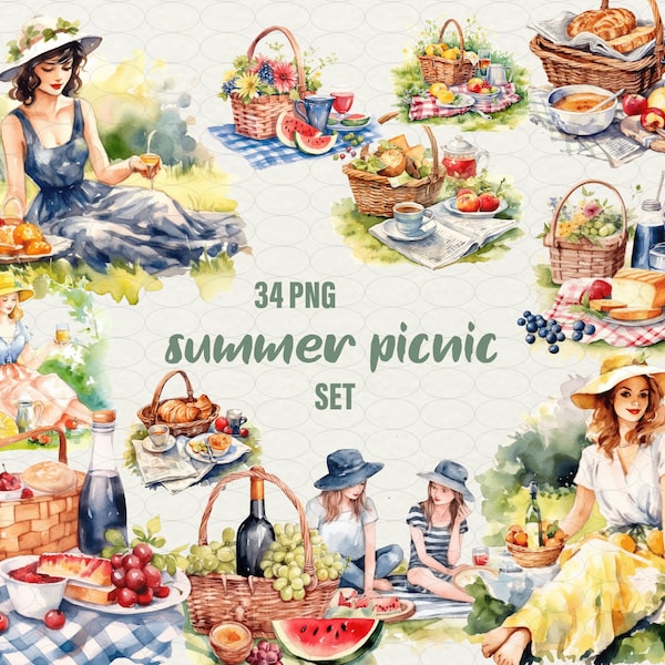 Watercolor Summer Picnic Clipart, 34 png Picnic Basket Garden picnic clipart  family brunch, romantic dinner, picnic garden, Commercial Use.