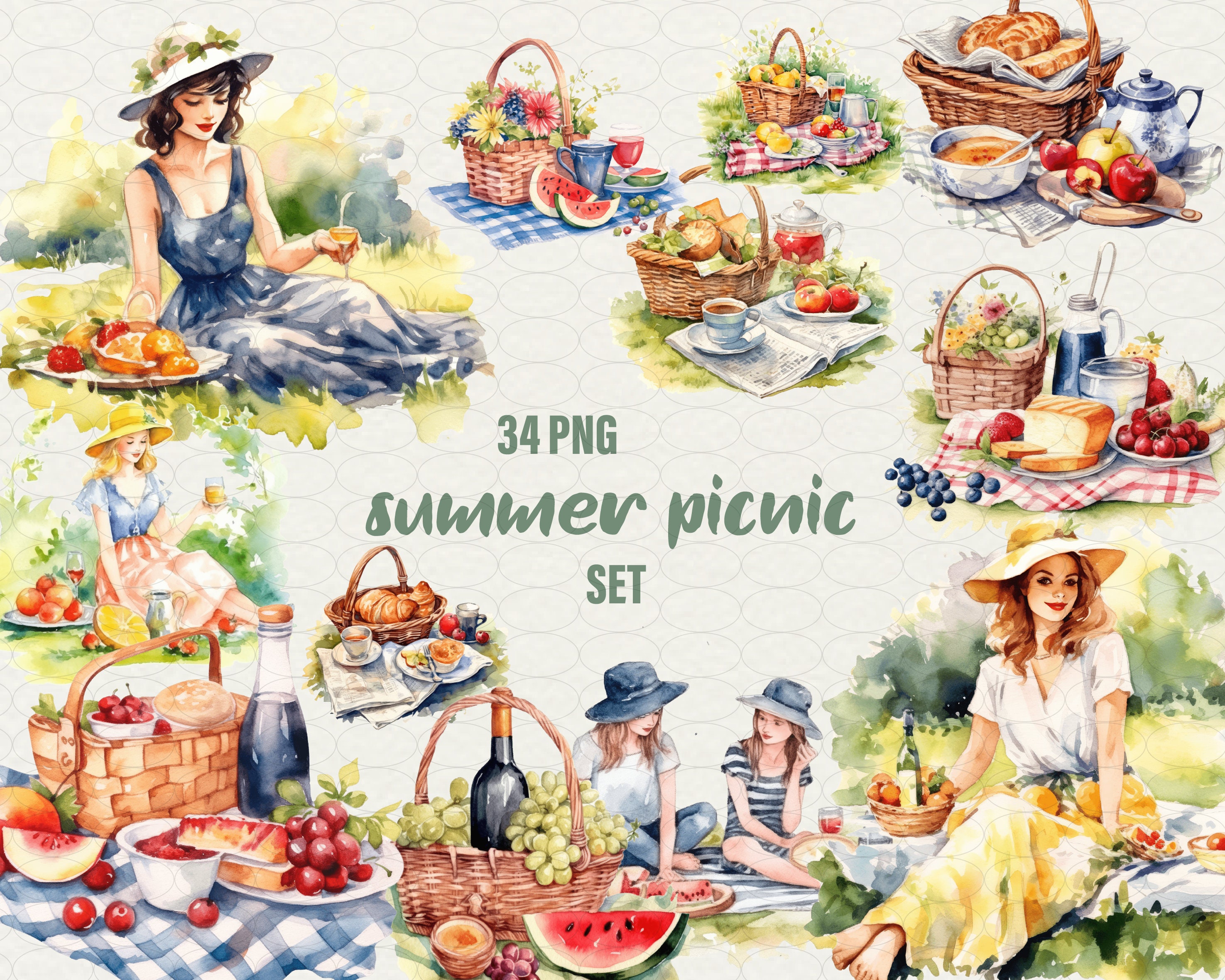 Watercolor Summer Picnic Clipart 34 Png Picnic Basket Garden - Etsy