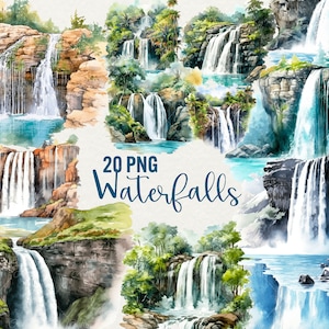 Watercolor Waterfall Clipart, Set 20 png Mountain Landscape Clipart, Tropical Waterfall, Mountain Waterfall Nature Watercolor Commercial Use