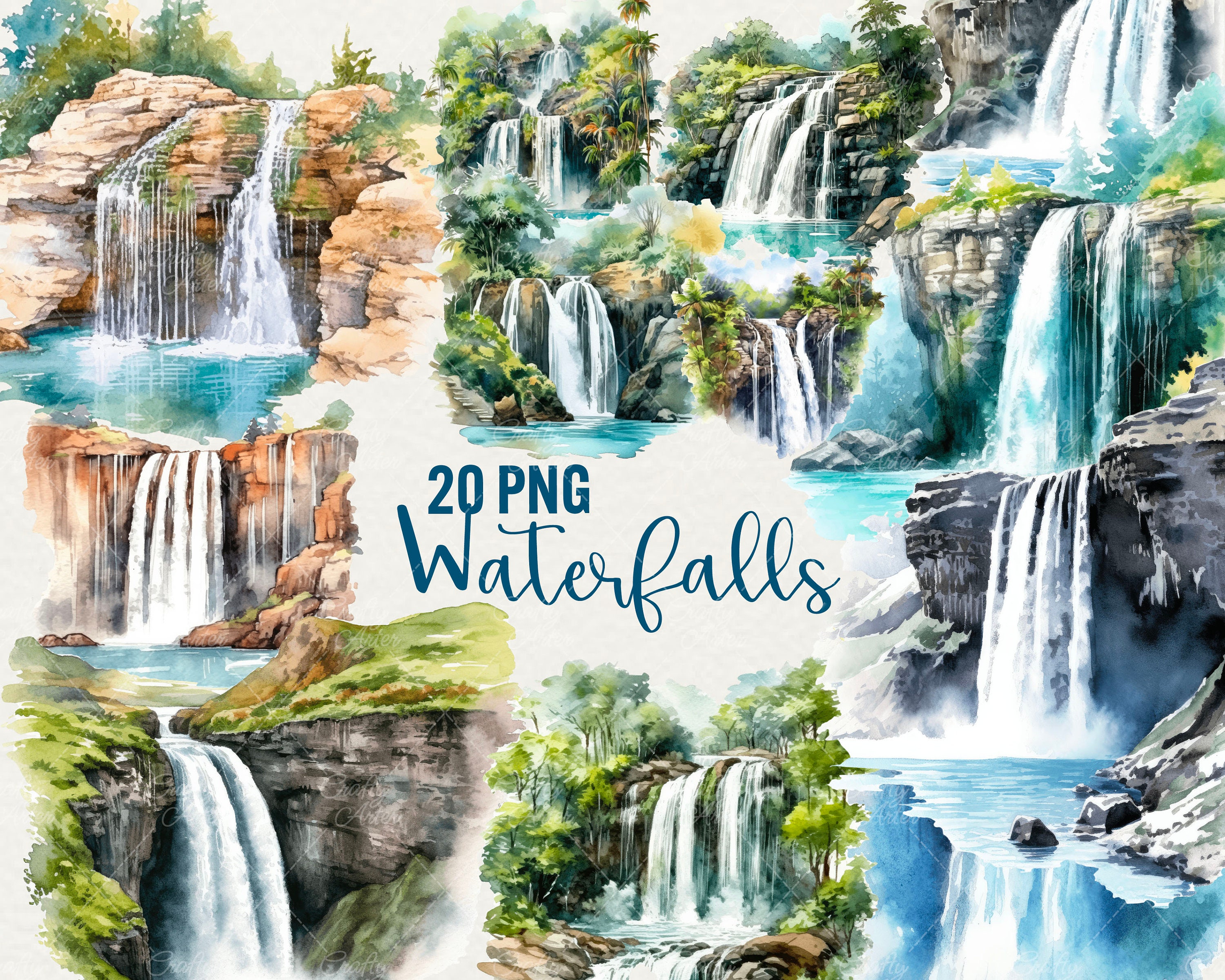 Clipart aquarel waterval: berg- en tropische taferelen (20 png) - Etsy  België, image size:3000x2401