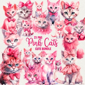 Aquarelle chats roses Clipart, 23 PNG chat élégant rose pastel, clipart animaux roses, clipart portrait de chat pour un usage Commercial