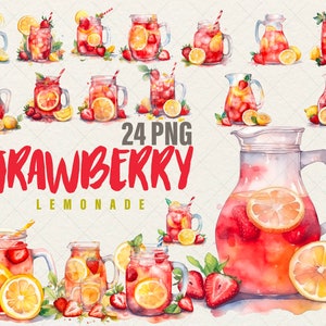 Aquarelle fraise limonade 24 PNG Bundle, limonade printanière PNG, usage Commercial de limonade, menu limonade PNG, clipart limonade aux fraises