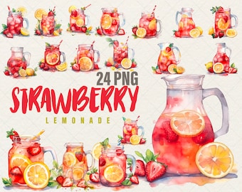 Watercolor Strawberry Lemonade Clipart: Spring PNG Bundle (Commercial Use)