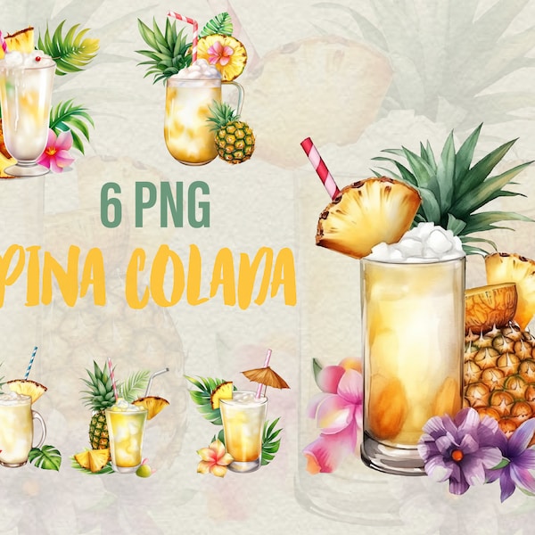 Pina Colada zomer aquarel cocktail ananas 6 PNG clipart's digitale kunst instant download Menu drankjes ontwerpideeën Cocktail illustratie