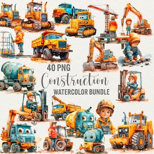 Aquarel bouw clipart, 40 png bouwvoertuigen, tractor, vrachtwagens, afbeeldingen jongensspeelgoed, afdrukbaar kinderdagverblijf, digitaal commercieel gebruik