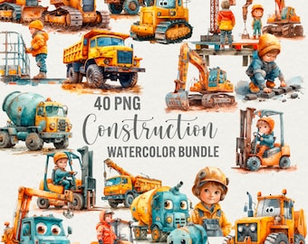 Watercolor Construction Clipart: 40 PNG Vehicle Graphics (Commercial Use)