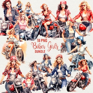Clipart di ragazze motocicliste ad acquerello, 18 clipart di ragazze motocicliste PNG, clipart di belle donne, download immediato per uso commerciale.