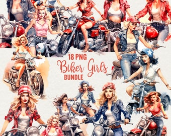Watercolor Biker Girls Clipart: 18 PNG Moto Girl Art (Commercial Use)