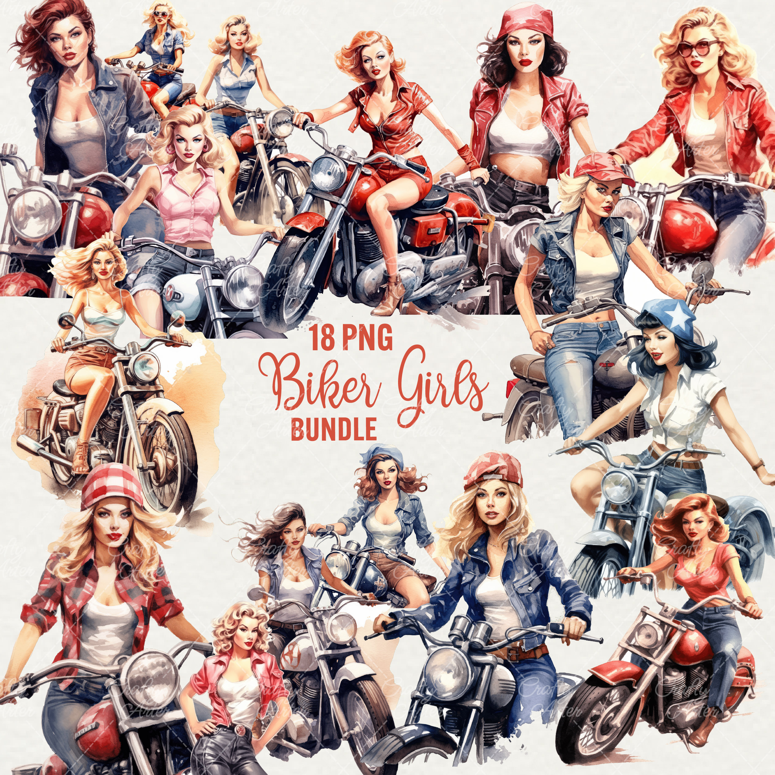 Watercolor Biker Girls Clipart: 18 PNG Moto Girl Art (commercial