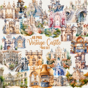 Watercolor Vintage Castle Clipart, Mystic Rococo castle landscapes 48 PNG, Old Europe stairs defense, entrance kitchen castle Commercial Use