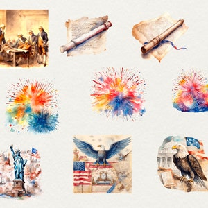 Puede incluir: Una ilustraci&oacute;n de acuarela de varias im&aacute;genes patri&oacute;ticas, incluyendo la Estatua de la Libertad, fuegos artificiales, un &aacute;guila y un documento con un telescopio. Las im&aacute;genes est&aacute;n todas en tonos de rojo, blanco y azul.