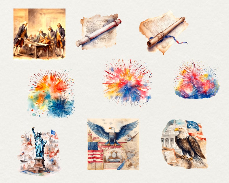 Puede incluir: Una ilustraci&oacute;n de acuarela de varias im&aacute;genes patri&oacute;ticas, incluyendo la Estatua de la Libertad, fuegos artificiales, un &aacute;guila y un documento con un telescopio. Las im&aacute;genes est&aacute;n todas en tonos de rojo, blanco y azul.