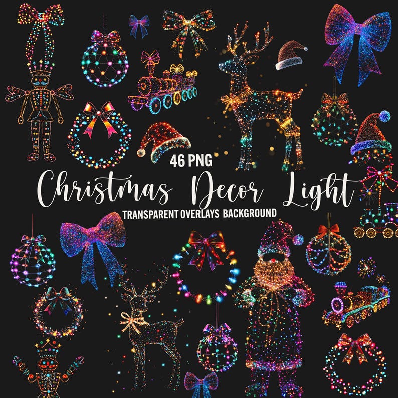 Christmas Lights Clipart, 46 Png Christmas Decor Overlays, Xmas Wreath