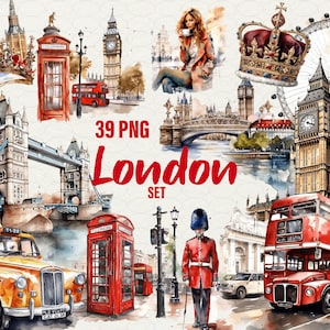 London Clipart scrapbooking png watercolour London illustration sketch city bus London taxi tower sight-seen bridge telephone Commercial use