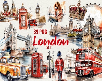 Puede incluir: Un conjunto de 39 ilustraciones de acuarela con temática londinense. El conjunto incluye un autobús de dos pisos rojo, una cabina telefónica roja, un taxi negro, el Big Ben, el London Eye, el Tower Bridge y una corona. El conjunto es perfecto para scrapbooking, creación de tarjetas y otros proyectos de manualidades.