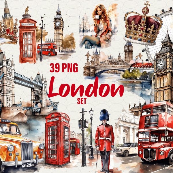 Londres Clipart scrapbooking png aquarelle Londres illustration croquis bus de la ville Londres taxi tour vue pont téléphone utilisation commerciale