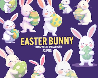 Easter Bunny Clipart: 23 PNG Illustrations Rabbit with Easter Egg (Digital Download)