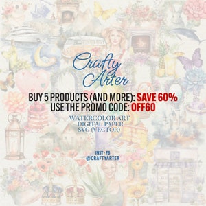 May include: A collage of watercolor illustrations featuring various elements like butterflies, cakes, and a vintage van. The text "Crafty Arter" is displayed prominently, along with promotional text: "BUY 5 PRODUCTS (AND MORE): SAVE 60% USE THE PROMO CODE: OFF60".