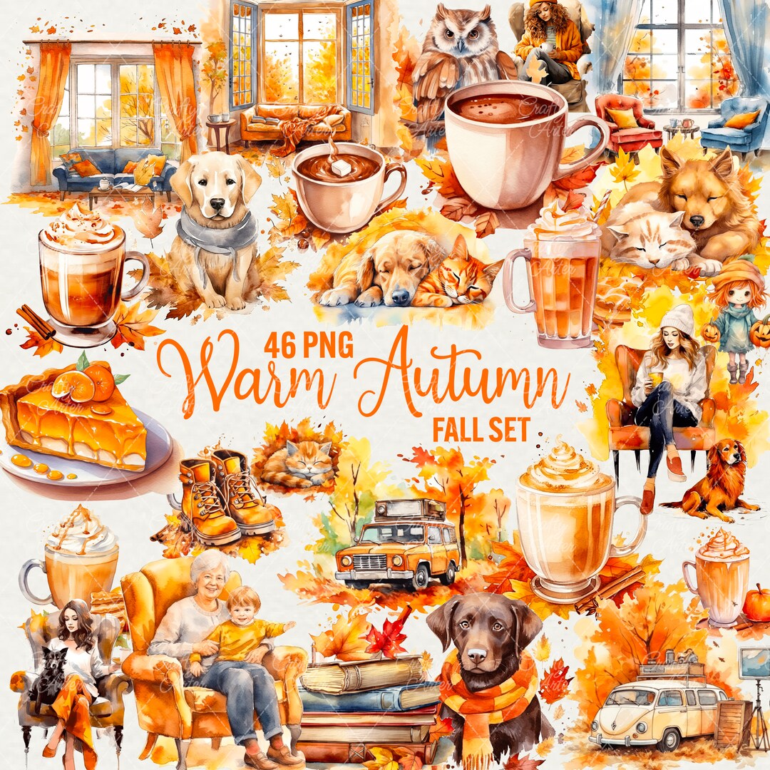 Watercolor Autumn Clipart: Cozy Fall Season PNG Illustrations ...