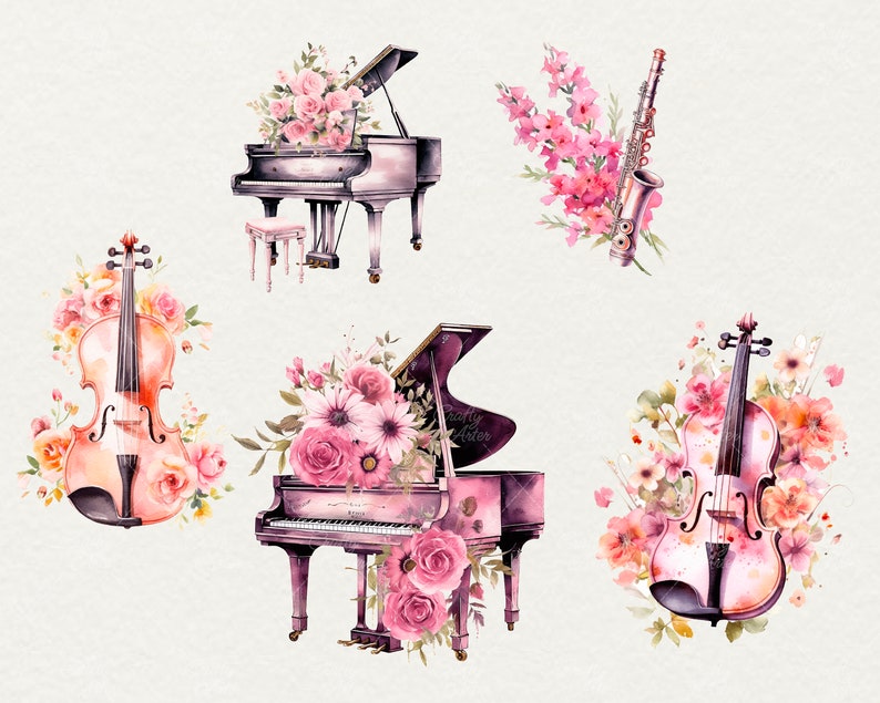 Watercolor Floral Musical Instruments Clipart (28 PNG) - Etsy