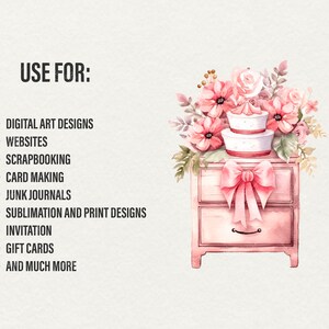 May include: A watercolor illustration of a two-tiered cake with pink frosting and a pink bow on top, sitting on a pink dresser with two drawers. The cake is surrounded by pink flowers.
