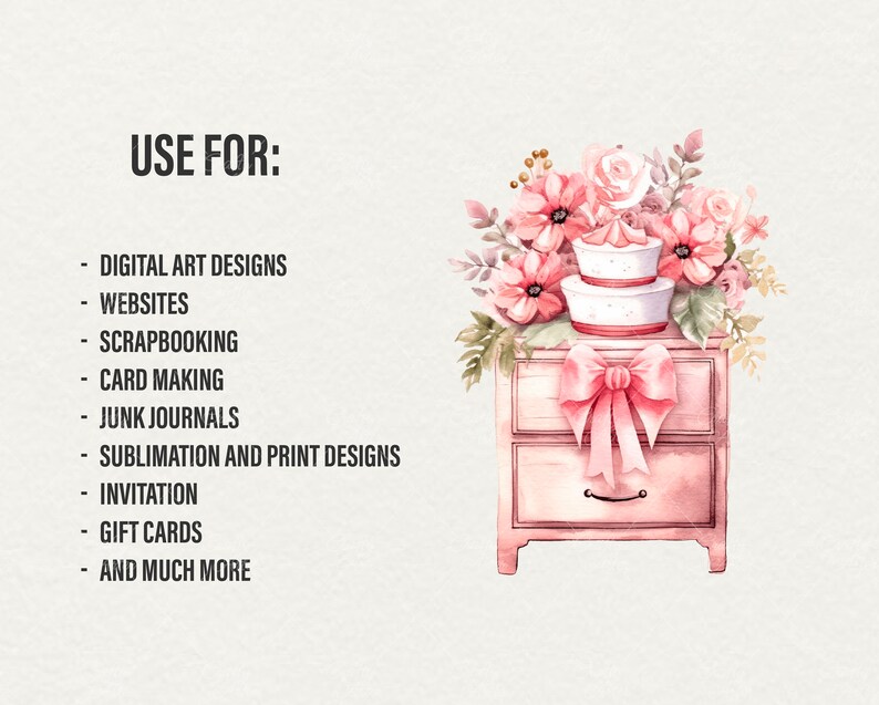 May include: A watercolor illustration of a two-tiered cake with pink frosting and a pink bow on top, sitting on a pink dresser with two drawers. The cake is surrounded by pink flowers.