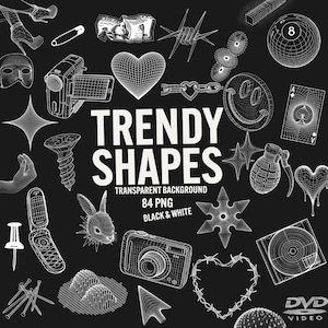 May include: A set of 84 black and white trendy shapes, including a heart, a star, a screw, a camera, a grenade, a smiley face, a playing card, a pin, a DVD, a mouse pointer, a phone, a rabbit, a camera, a cloud, a chain, a barbed wire, a star, a ninja star, a pin, a nail, a money bill, a pair of legs, a safety pin, a 8-ball, a mask, a video camera, and a  'TRENDY SHAPES' title with the text 'TRANSPARENT BACKGROUND 84 PNG BLACK & WHITE'.