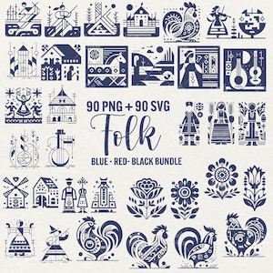 Pacchetto di clipart di arte popolare, 90 SVG + 90 PNG di arte popolare tradizionale, fiori neri, rossi e blu disegnati a mano, arte popolare rustica, file di taglio, uso commerciale.