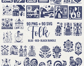 Puede incluir: Un conjunto de 90 ilustraciones de arte popular azul, rojo y negro en formato PNG y SVG. Las ilustraciones presentan diseños folclóricos tradicionales, incluyendo gallos, flores, casas y personas con vestimenta tradicional. El texto "90 PNG + 90 SVG Folk BLUE - RED - BLACK BUNDLE" se muestra en el centro de la imagen.