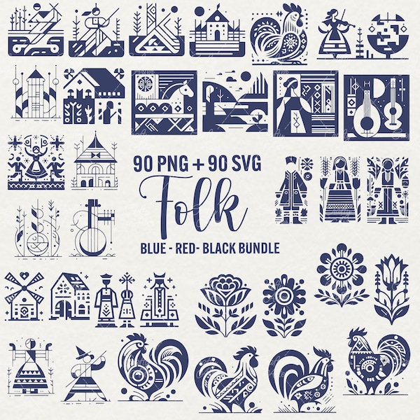 Volkskunst Clipart Bundle, 90 SVG + 90 PNG Folk traditionell, schwarz rot blau Blumen Linie gezeichnete Kunst, rustikales Folk, Schnittdatei, kommerzielle Nutzung.