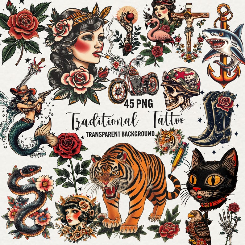 Old school Tattoo Clipart, 45 png traditional tattoo art, retro tattoo graphics, vintage tattoo png, transparent background, commercial use, red rose tattoo, skull tattoo, Tiger tattoo, mermaid tattoo, girl tattoo, Serpents, cat tattoo, black cat png