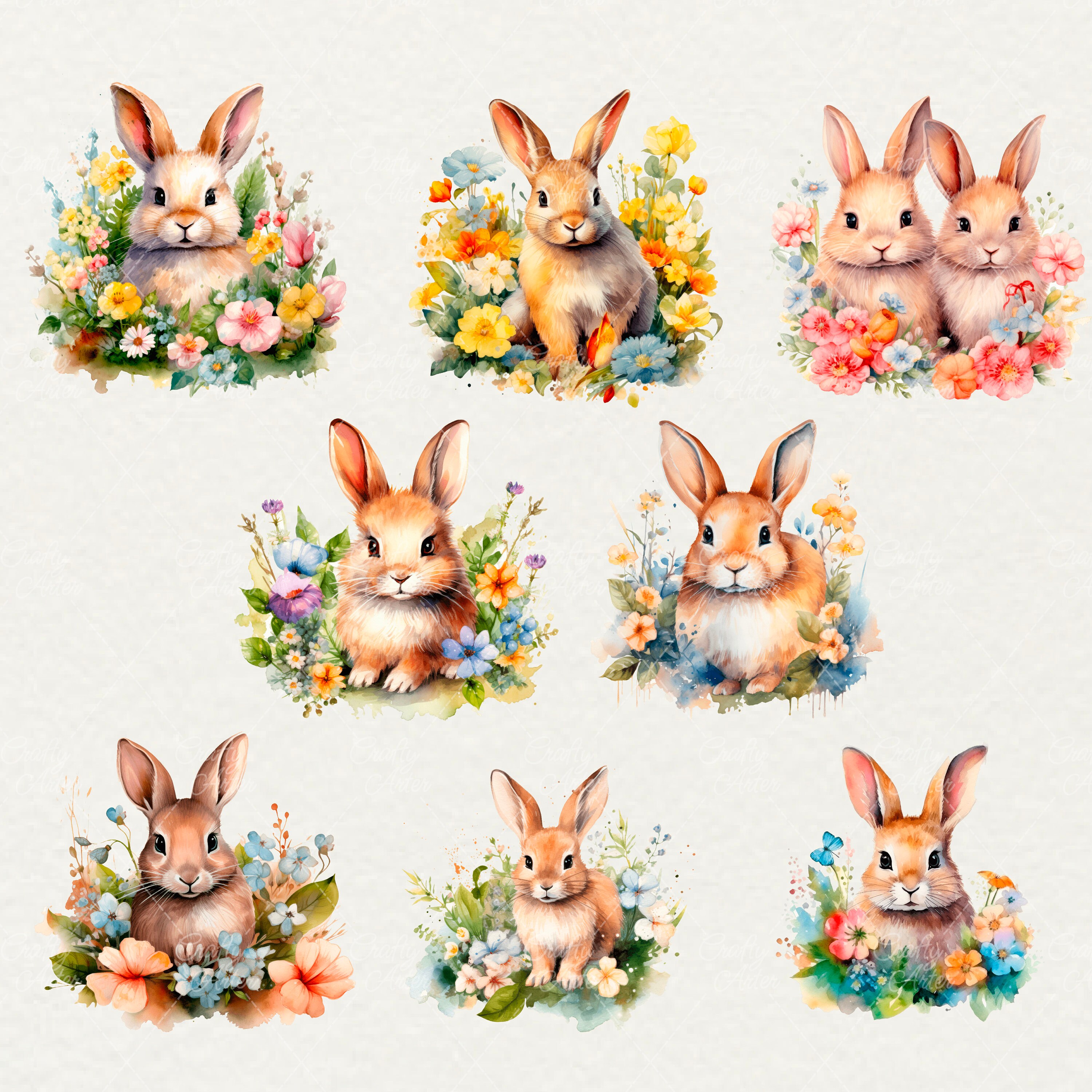 Watercolor Spring Bunny Clipart: 39 PNG Floral Rabbit Images (digital ...