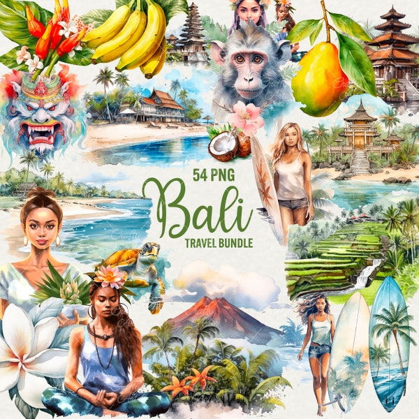 Bali clipart, zomer reizen illustraties, 54 png Indonesië eilanden aquarel, Aziatische vakantie, droom reizen clipart, commercieel gebruik.