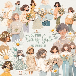Clipart de meninas margaridas da primavera, 53 PNG de flores margaridas meninas, linda garota aquarela de primavera, gráficos florais de margaridas, download instantâneo, uso comercial