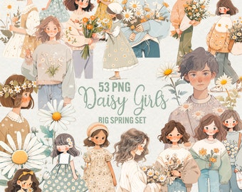 Daisy Girls Clipart: 53 PNG akvarell blommig grafik (kommersiellt bruk)