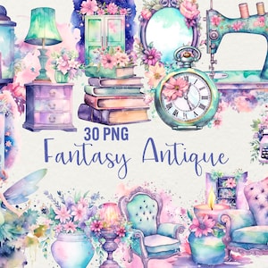 Aquarelle fantaisie antique clipart, clipart pastel vintage 30 PNG fantaisie floral vintage, victorien baroque antique, usage Commercial