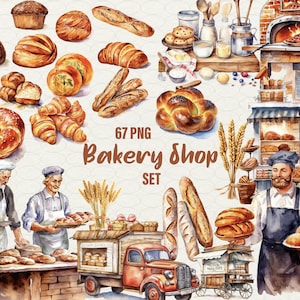 Clipart di panetteria ad acquerello, 67 png Clipart di pasticceria, Clipart di pane, panetteria, panificatrice, baguette ad acquerello, uso commerciale.