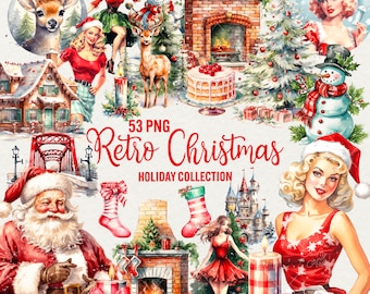 Watercolor Retro Christmas Clipart: 53 PNG Set, Vintage Santa (Commercial Use)