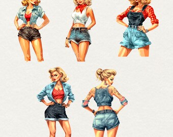 水彩画のピンナップガールのクリップアート：レトロなタトゥーアート