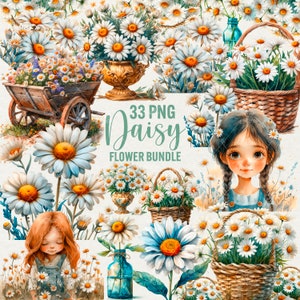 Clipart de flor de margarida aquarela, 33 PNG flores de margarida meninas, margaridas de primavera, PNG floral, menina fofa de primavera, download instantâneo, uso comercial