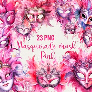 Aquarel roze maskerade clipart, 23 png digitale kunst carnaval maskers graphics en maskerade masker, commercieel gebruik.