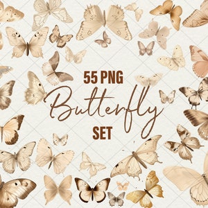 Clipart de borboleta boho aquarela, 55 PNG adesivos de creme de borboleta bege conjunto de ilustrações de clipart de borboleta bege, uso comercial