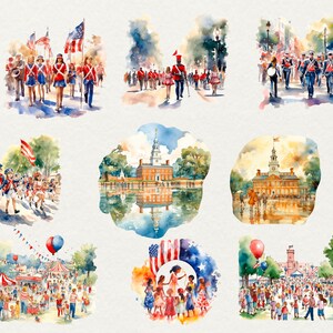 Puede incluir: Una pintura de acuarela que representa escenas de una celebraci&oacute;n del 4 de julio. La pintura muestra un desfile con bandas de m&uacute;sica, una multitud reunida alrededor de un recinto ferial y un grupo de ni&ntilde;os que se toman de la mano en un c&iacute;rculo. La pintura tambi&eacute;n presenta un edificio con una bandera en la cima y un reflejo del edificio en un cuerpo de agua.