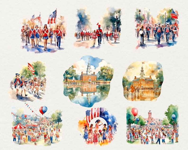 Puede incluir: Una pintura de acuarela que representa escenas de una celebraci&oacute;n del 4 de julio. La pintura muestra un desfile con bandas de m&uacute;sica, una multitud reunida alrededor de un recinto ferial y un grupo de ni&ntilde;os que se toman de la mano en un c&iacute;rculo. La pintura tambi&eacute;n presenta un edificio con una bandera en la cima y un reflejo del edificio en un cuerpo de agua.