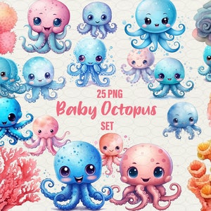 Baby octopus Clipart, 25 PNG Watercolor octopus summer Party clipart, Baby Shower Nursery Decor, Baby octopus and corals, Commercial Use