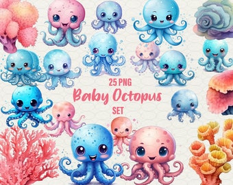 Watercolor Baby Octopus Clipart: 25 PNG Nursery Graphics (Commercial Use)