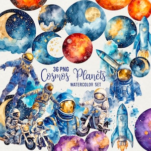 Clipart di pianeti del cosmo acquerello, bundle di clipart del cosmo astronauta, 36 grafiche PNG acquerello del sistema solare, razzo spaziale, uso commerciale