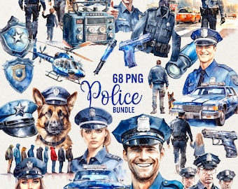 Paquete de imágenes prediseñadas de policías en acuarela: 68 ilustraciones PNG (uso comercial)