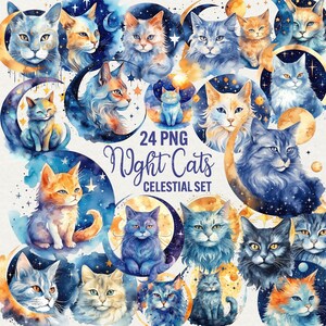 Aquarelle nuit chats Clipart, 24 PNG chats célestes Clip Art, lune étoiles chat céleste, graphiques aquarelle chats mignons, usage Commercial