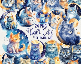 Watercolor Celestial Cat Clipart: Moon & Stars PNG Graphics (Commercial Use)